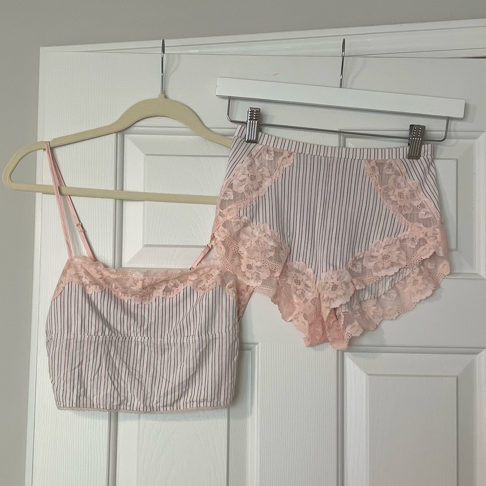 Victoria's Secret Pink Lace & White Pinstripe PJ Set